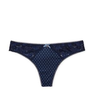 Victoria's Secret Body By Victoria Smooth & Lace Thong Panty Navy Noir Dot XS